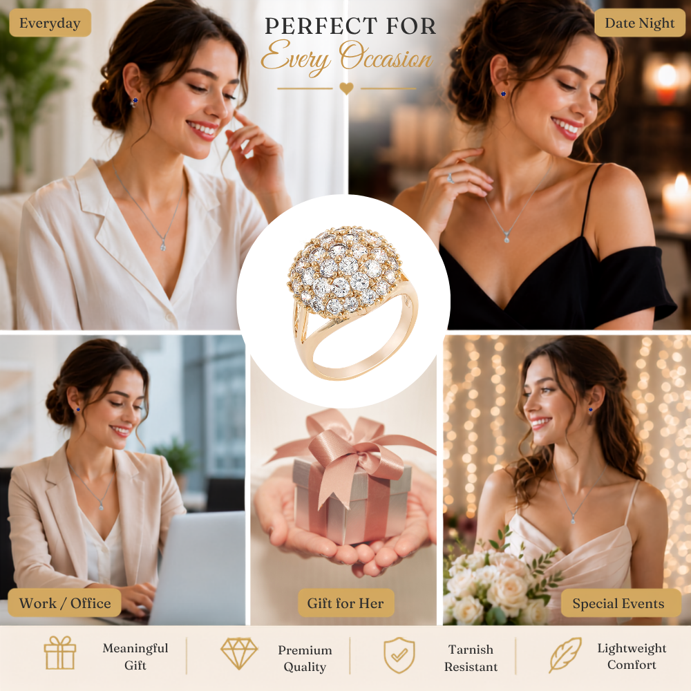 Gold Tone Plated Cluster Round Clear Crystal Ring