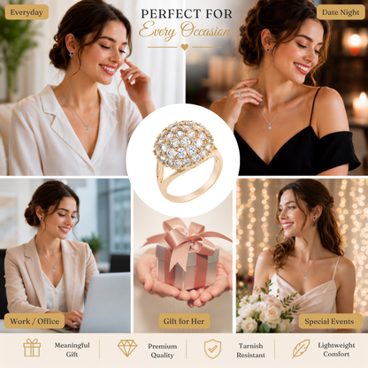 Gold Tone Plated Cluster Round Clear Crystal Ring