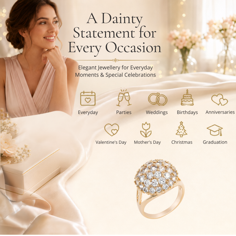 Gold Tone Plated Cluster Round Clear Crystal Ring