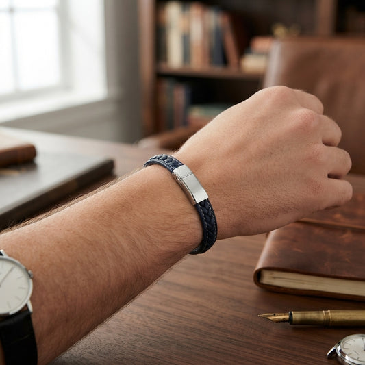 Men’s Genuine Leather Stainless Steel Bracelet Black or Blue