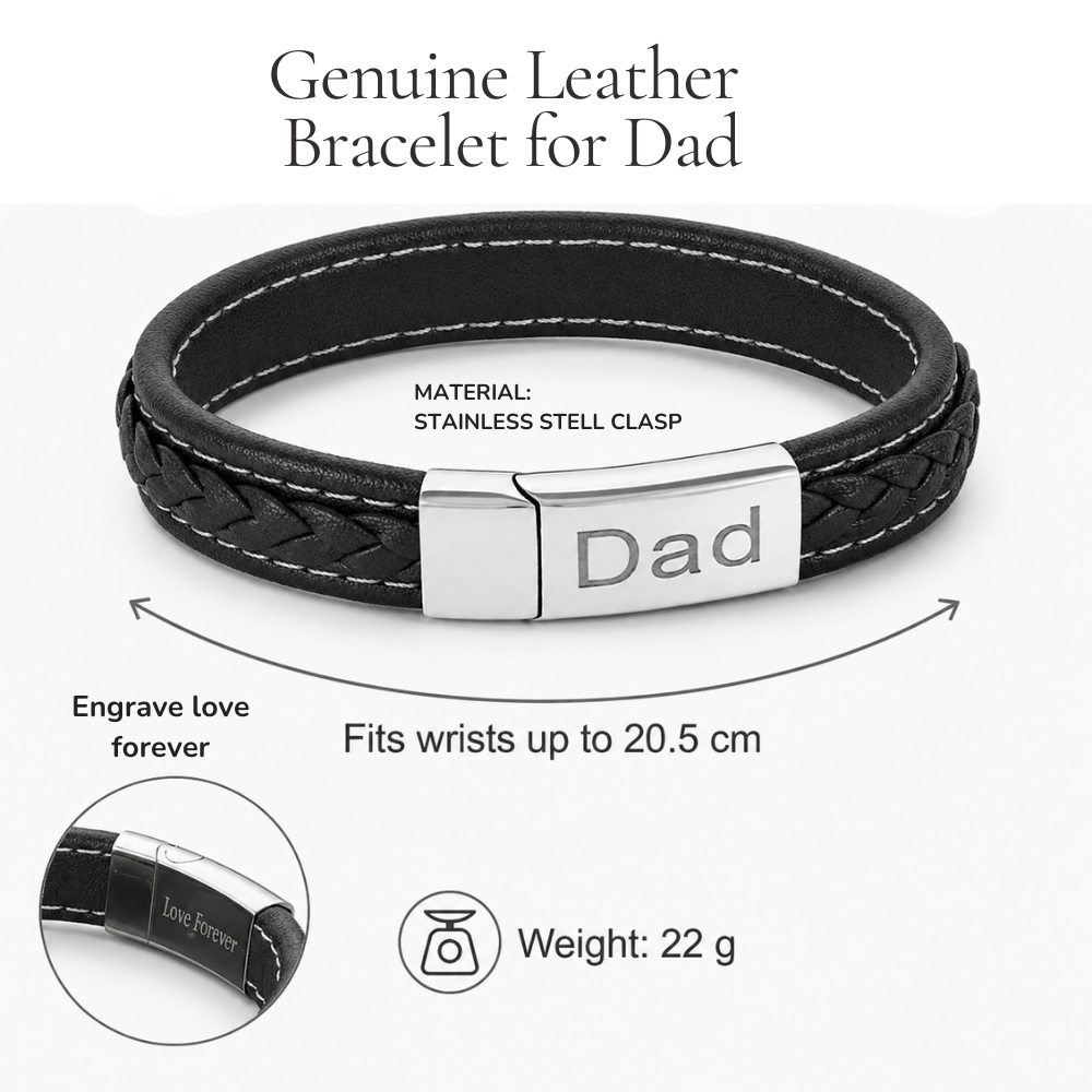 Men's Black Leather Bracelet with 'Dad' and 'Love Forever' Engraving