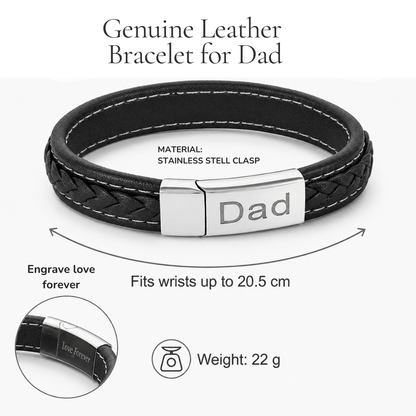 Men's Black Leather Bracelet with 'Dad' and 'Love Forever' Engraving