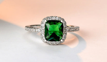 Green Crystal Halo Ring and Huggies Earrings Set