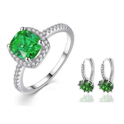 Green Crystal Halo Ring and Huggies Earrings Set