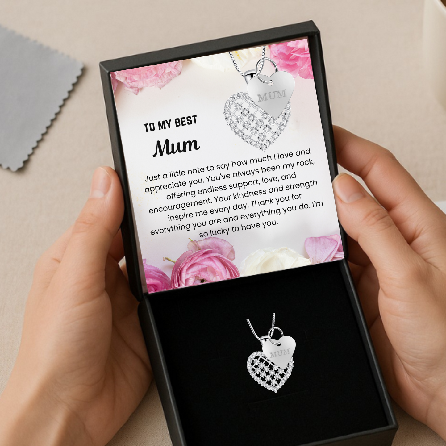 To My Mum Crystal Heart Pendant Necklace with Mum Tag with Message Card