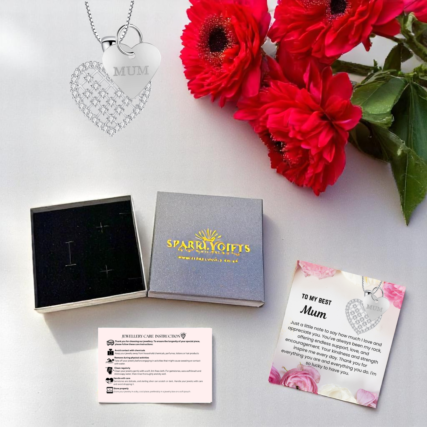 To My Mum Crystal Heart Pendant Necklace with Mum Tag with Message Card