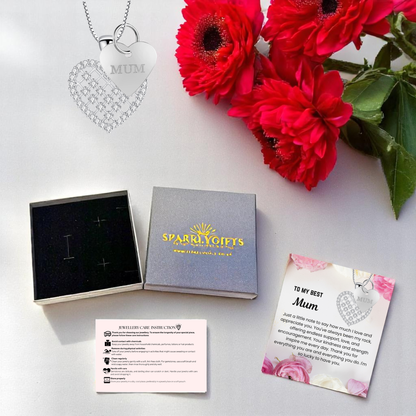 To My Mum Crystal Heart Pendant Necklace with Mum Tag with Message Card