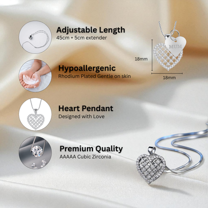 Silver Tone Crystal Heart Pendant Necklace with Love Mum Tag