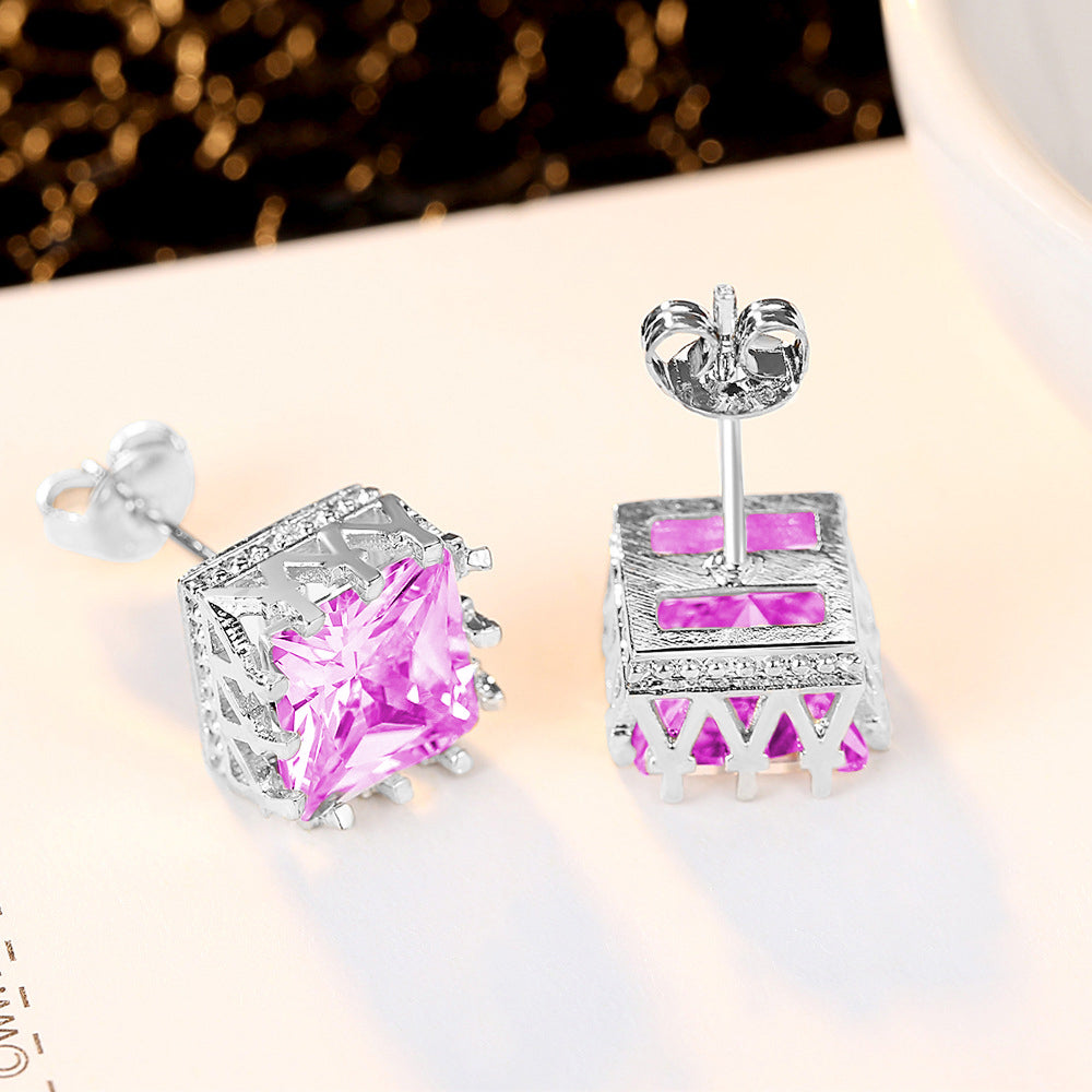 3-Stone Crystals Engagement Ring & Matching Square Stud Earrings Set ( Pink or Clear )