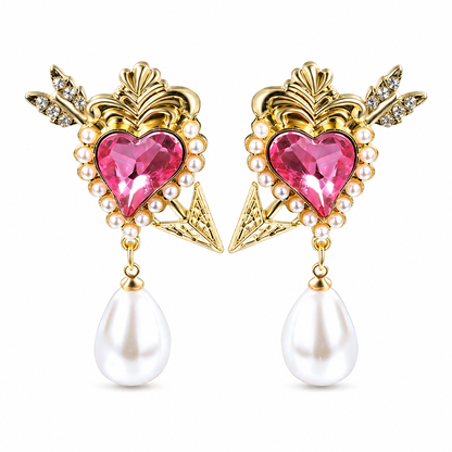 Cupid Arrow Heart Stud Earring with Pink Heart Crystal