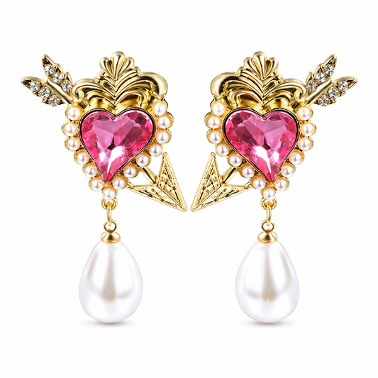 Cupid Arrow Heart Stud Earring with Pink Heart Crystal