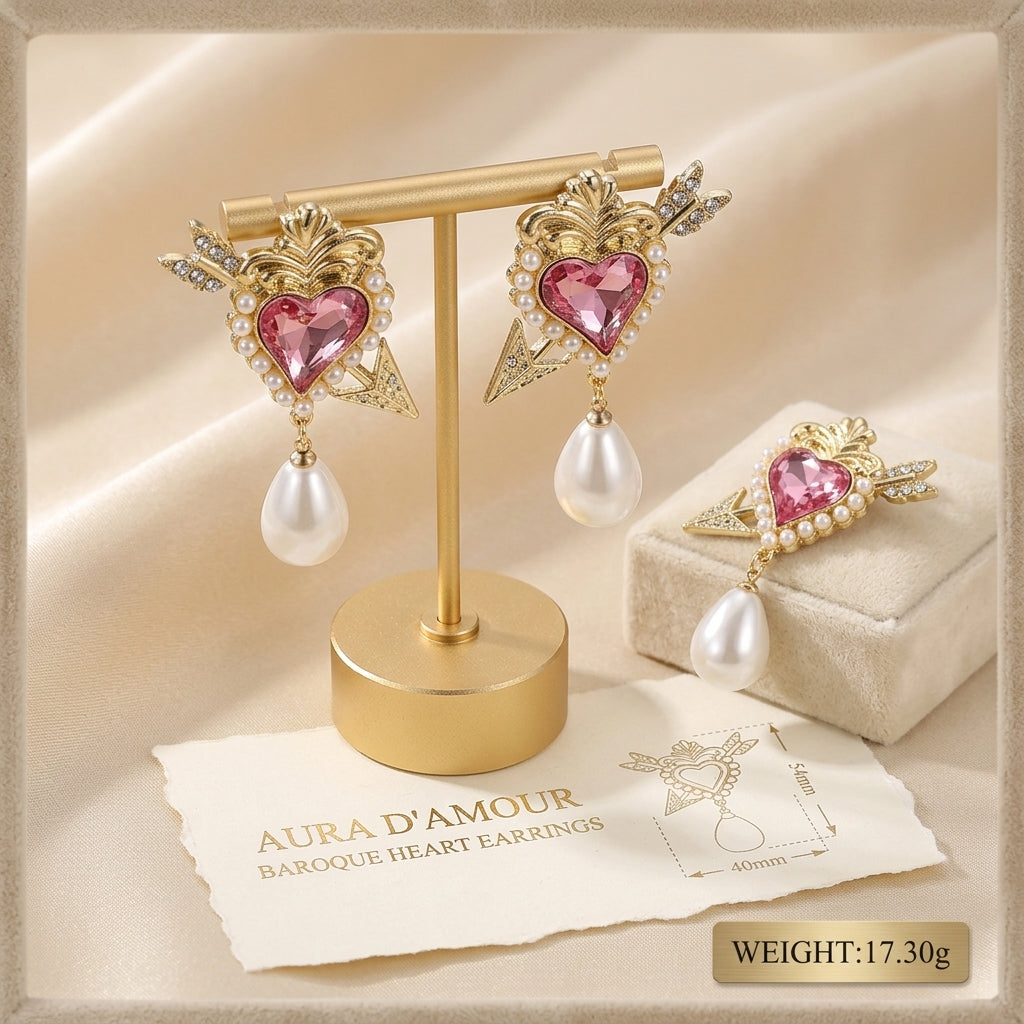 Cupid Arrow Heart Stud Earring with Pink Heart Crystal