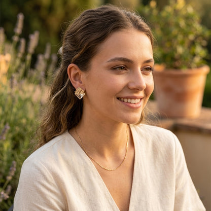 Gold Tone Plated Flower with Square Crystal Earrings