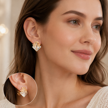 Gold Tone Plated Flower with Square Crystal Earrings