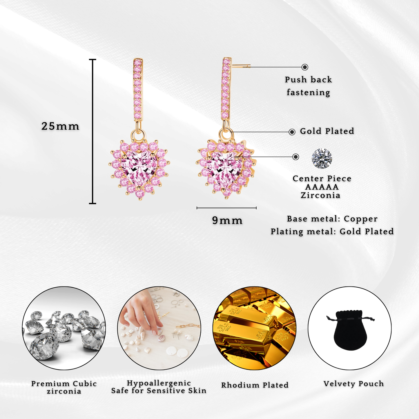 Heart Drop Earrings with Pink Cubic Zirconia Crystals
