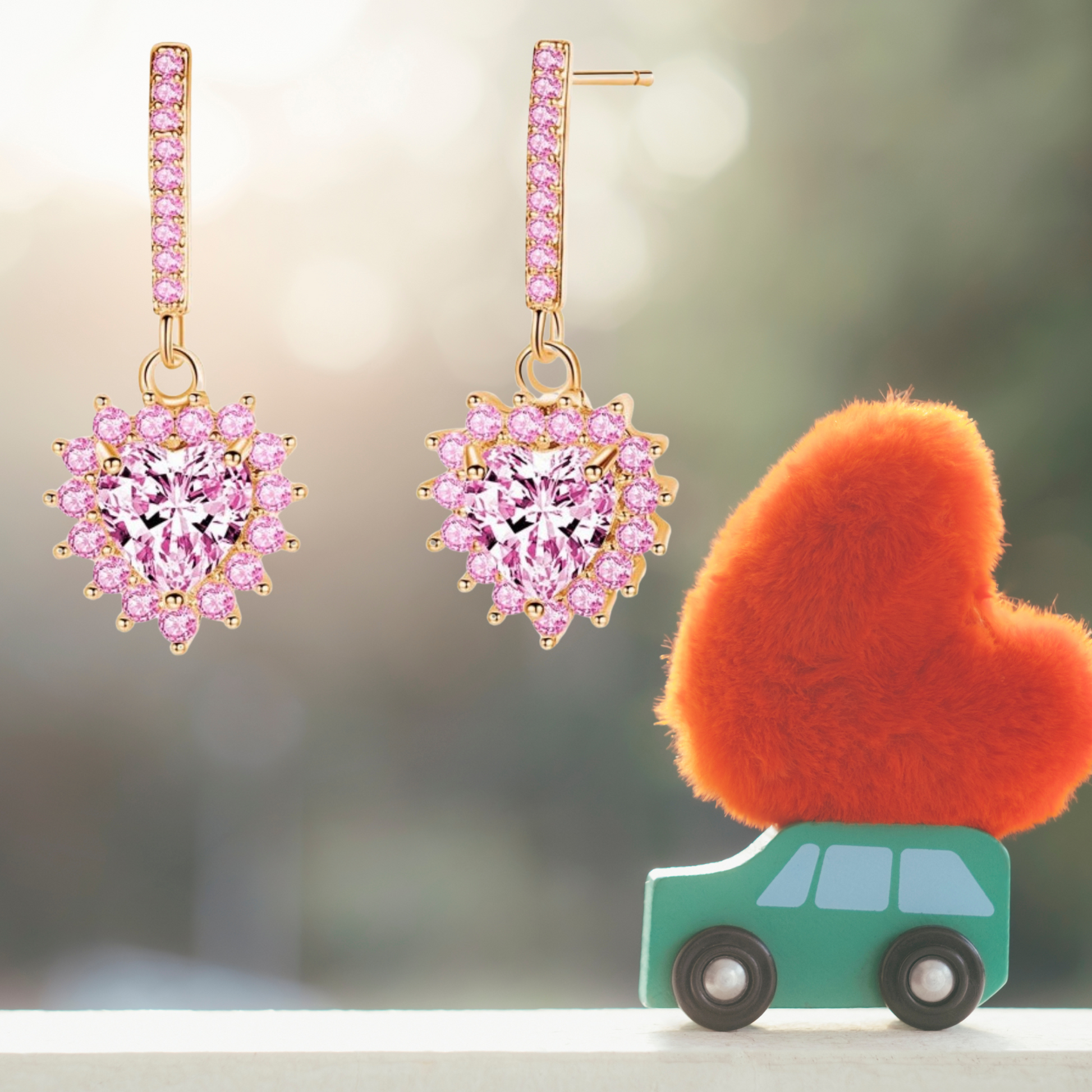 Heart Drop Earrings with Pink Cubic Zirconia Crystals Heart Drop Earrings with Pink Cubic Zirconia Crystals