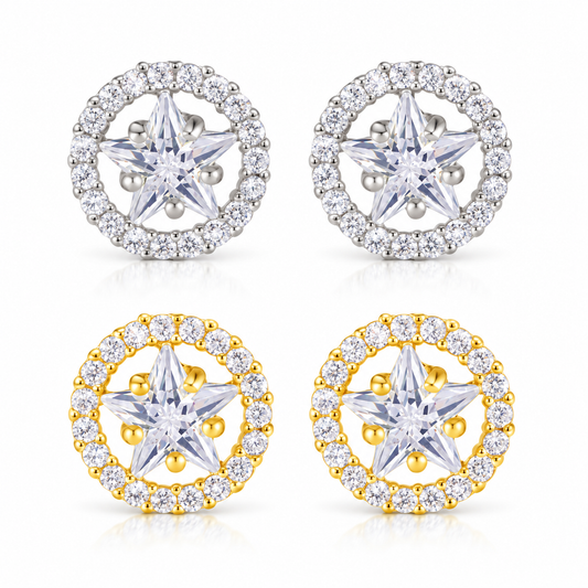 Shiny Crystal Round Star Earrings – Silver or Gold