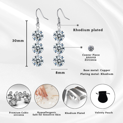Stunning Three Clear Crystals Drop Wire Hook Earrings