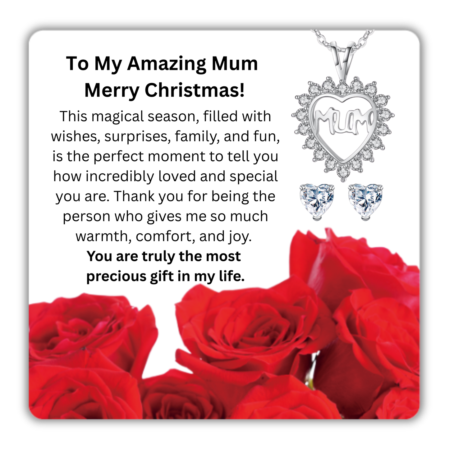 Heart shaped Crystal Necklace and Stud Earrings Jewellery set with Message Card for Mum