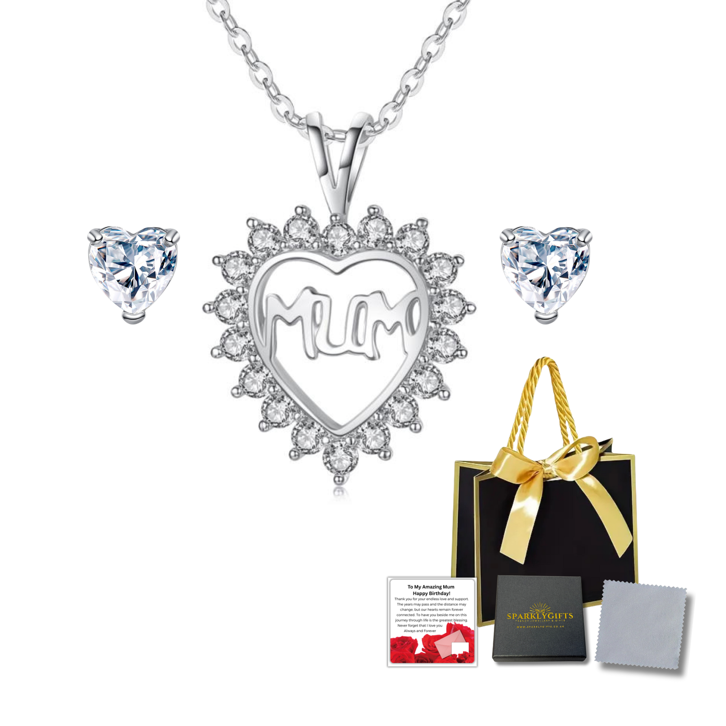 Heart shaped Crystal Necklace and Stud Earrings Jewellery set with Message Card for Mum