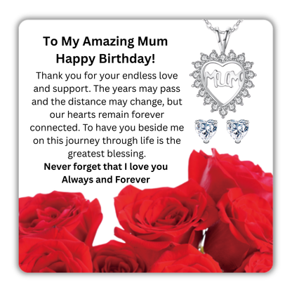 Heart shaped Crystal Necklace and Stud Earrings Jewellery set with Message Card for Mum