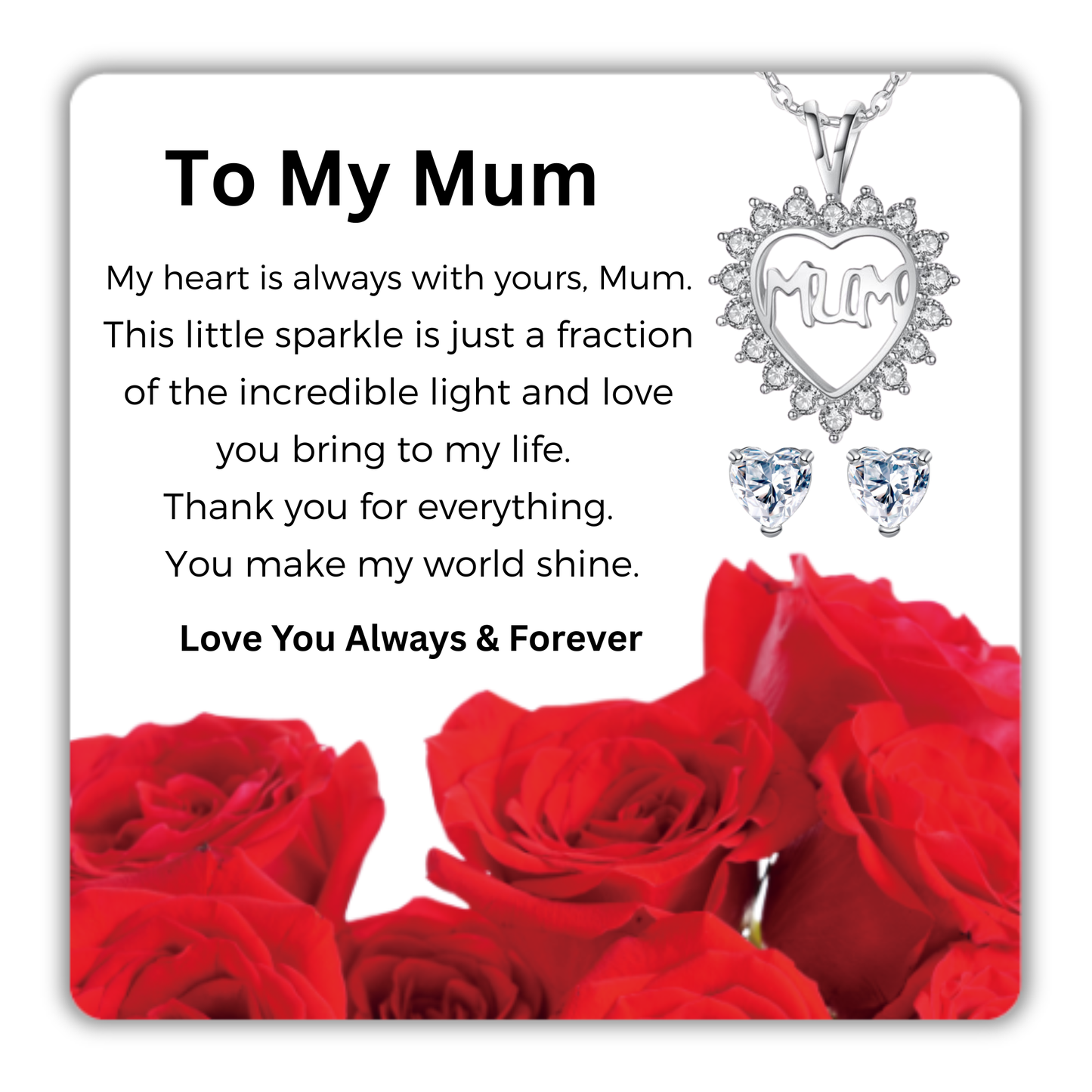 Heart shaped Crystal Necklace and Stud Earrings Jewellery set with Message Card for Mum