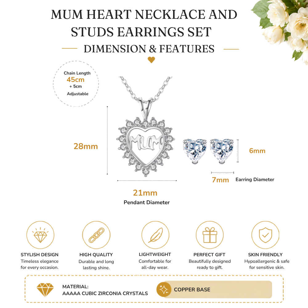 Heart shaped Crystal Necklace and Stud Earrings Jewellery set with Message Card for Mum
