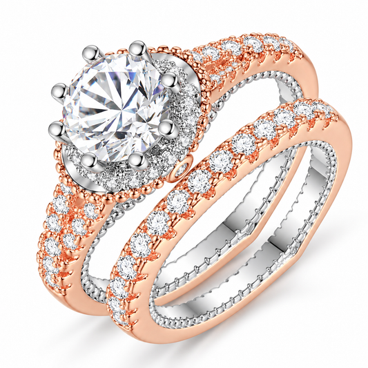 Rosegold Tone Double Ring Set with Clear Crystals