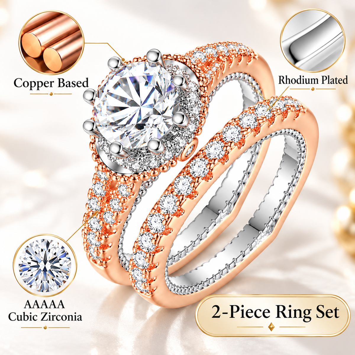 Rosegold Tone Double Ring Set with Clear Crystals