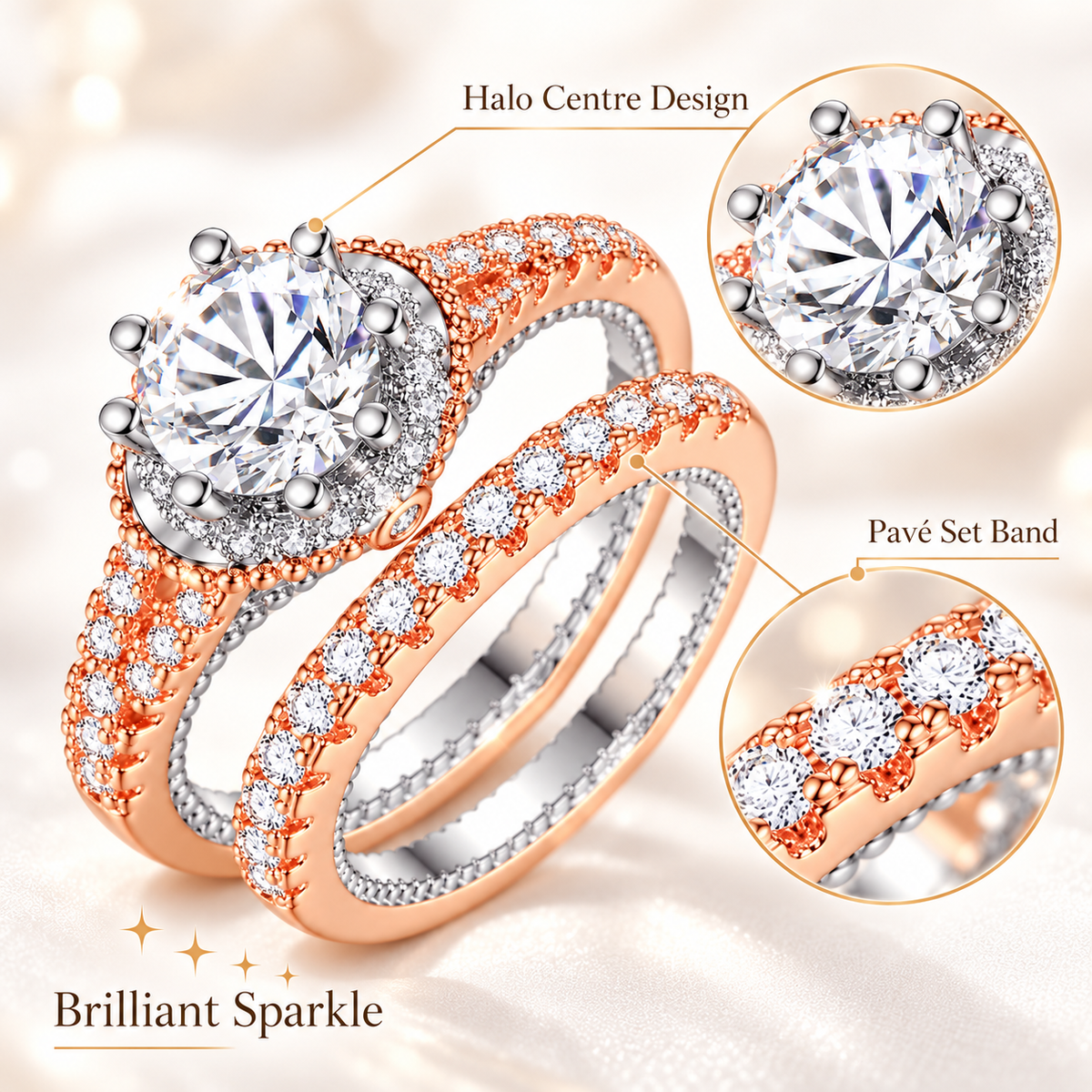 Rosegold Tone Double Ring Set with Clear Crystals