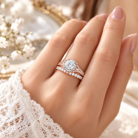 Rosegold Tone Double Ring Set with Clear Crystals