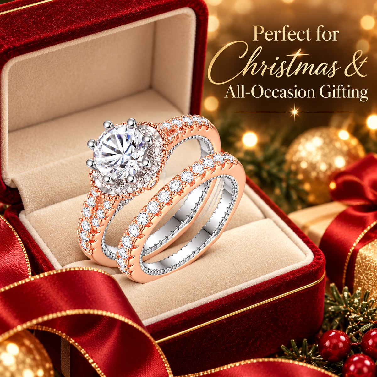 Rosegold Tone Double Ring Set with Clear Crystals