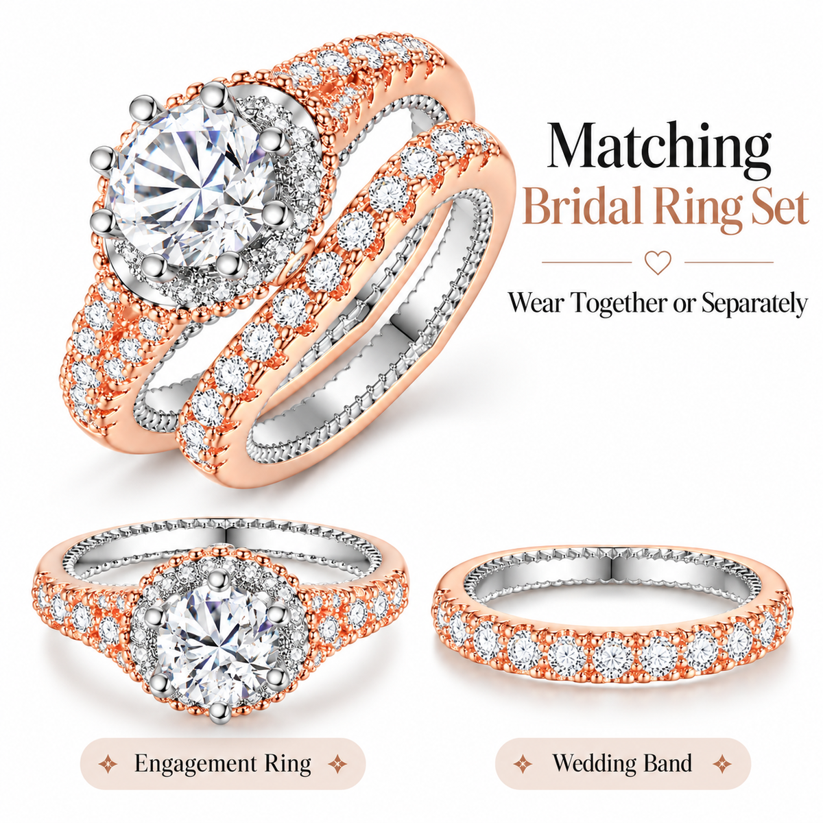 Rosegold Tone Double Ring Set with Clear Crystals
