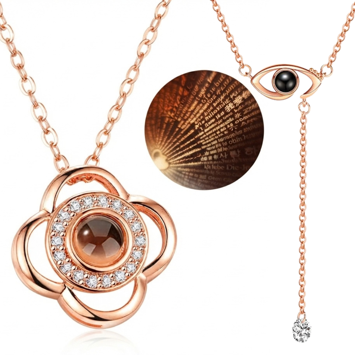 Evil Eye & Flower Clover Projection Necklace Rose Gold Tone Stainless Steel 100 Languages I Love You Memory Pendant