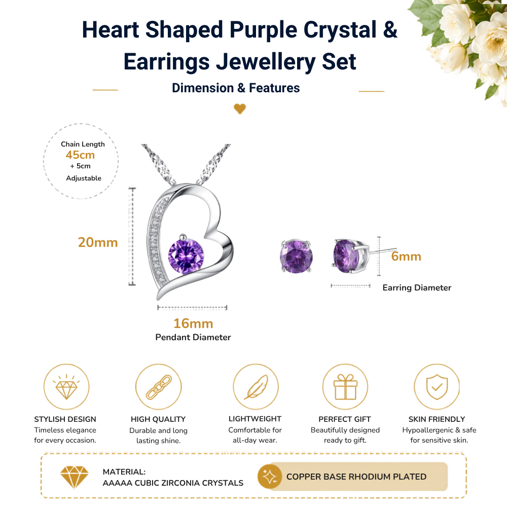 Sparkling Purple Heart Zircon Crystals Pendant Necklace & Earrings Set