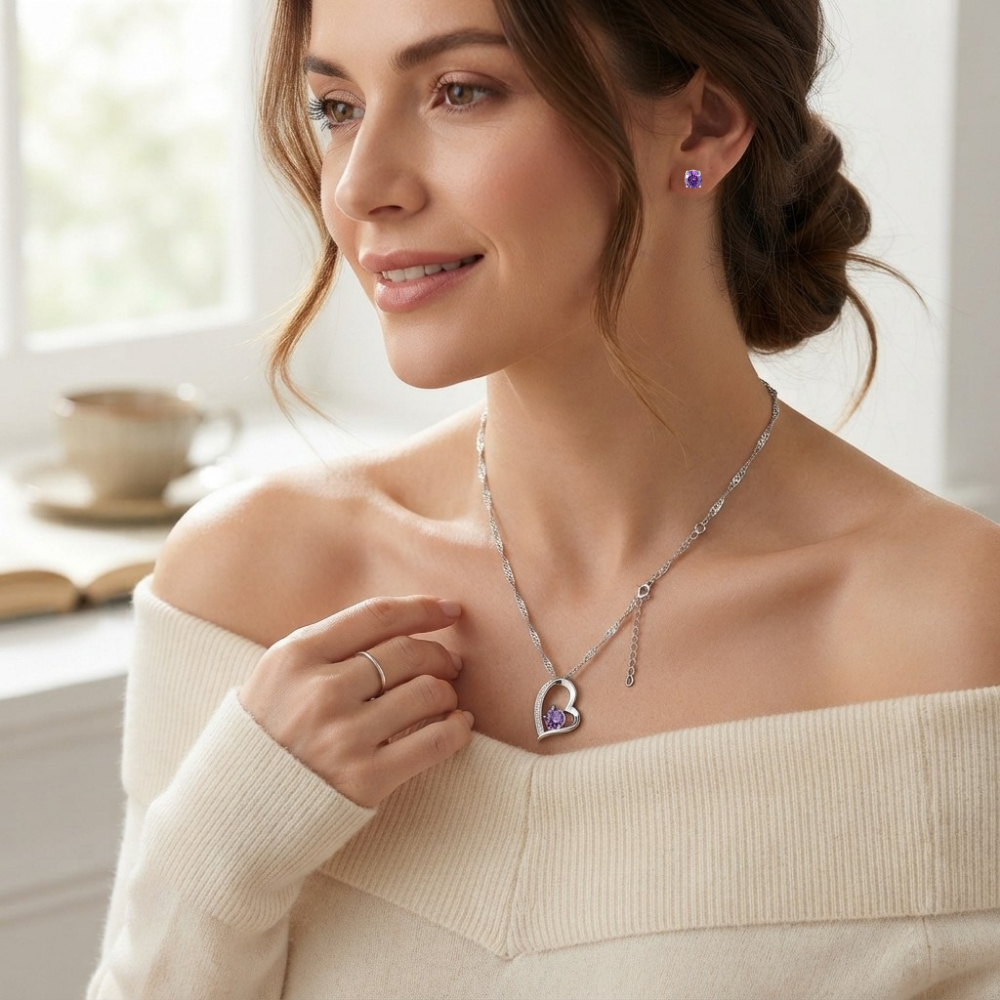 Sparkling Purple Heart Zircon Crystals Pendant Necklace & Earrings Set