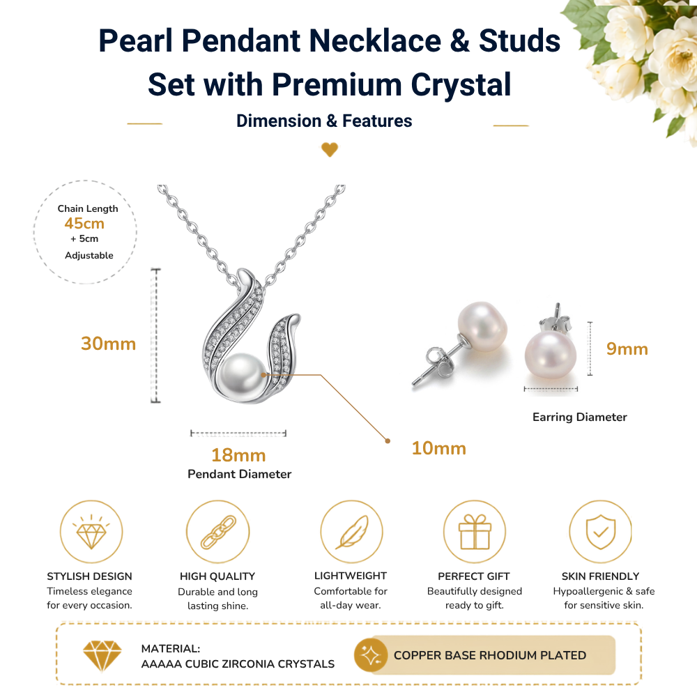 Elegant Silver Pearl Drop Design Crystal Pendant Necklace
