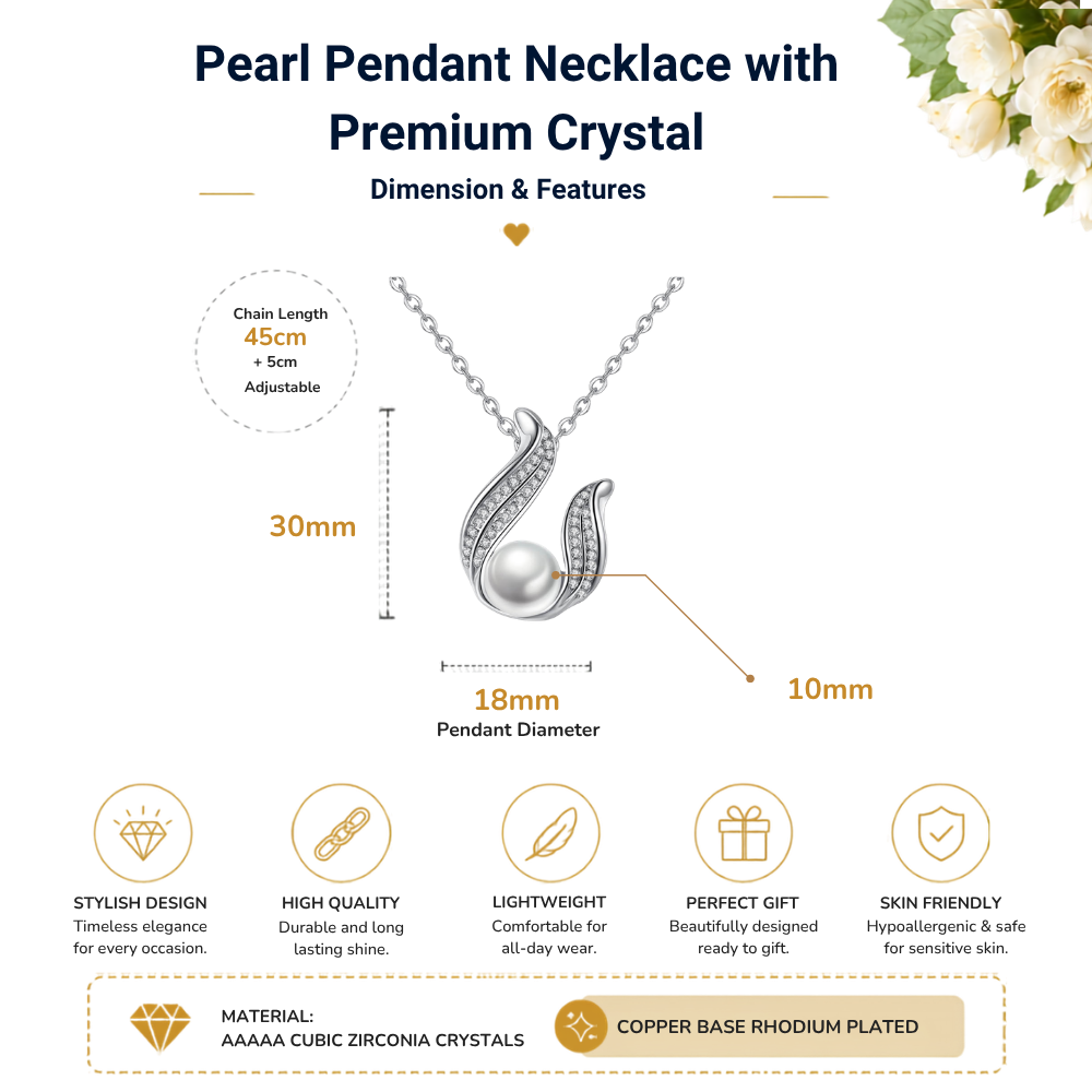 Elegant Silver Pearl Drop Design Crystal Pendant Necklace