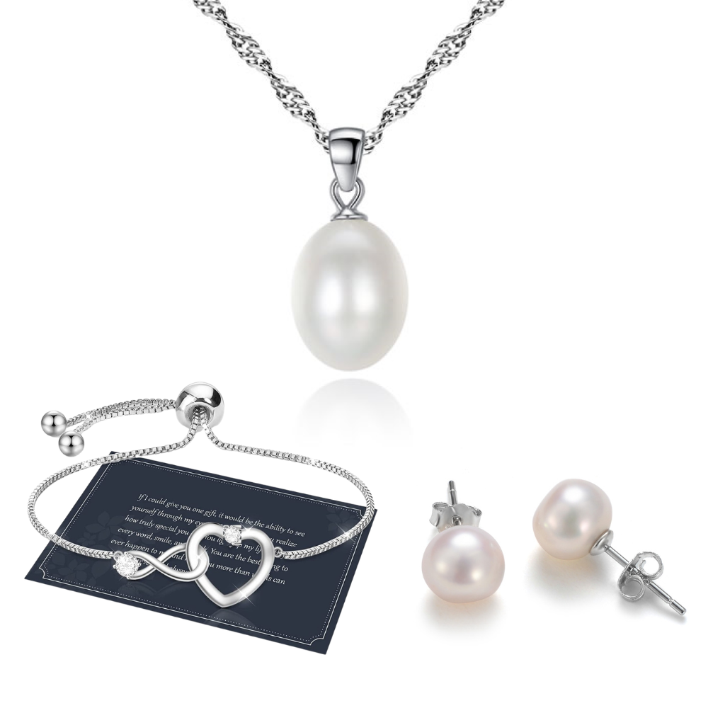 3-Piece Pearl Necklace, Studs and Infinity Bracelet Jewellery Set