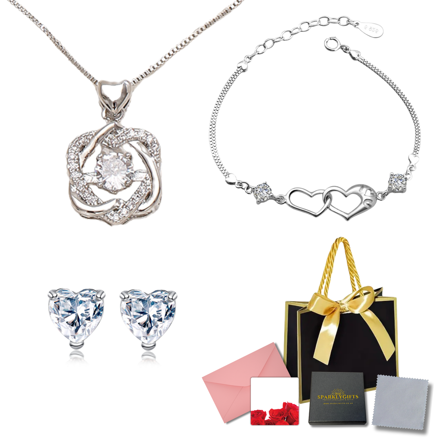 Personalised Message with Linked Heart Crystal Necklace,Bracelet and Earrings Set