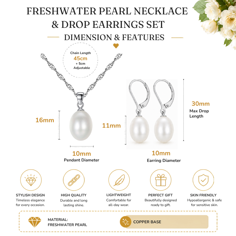 Pearl Drop Pendant Necklace and Earrings Set