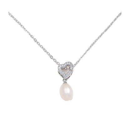 Crystal Heart with Freshwater Pearl Pendant Necklace