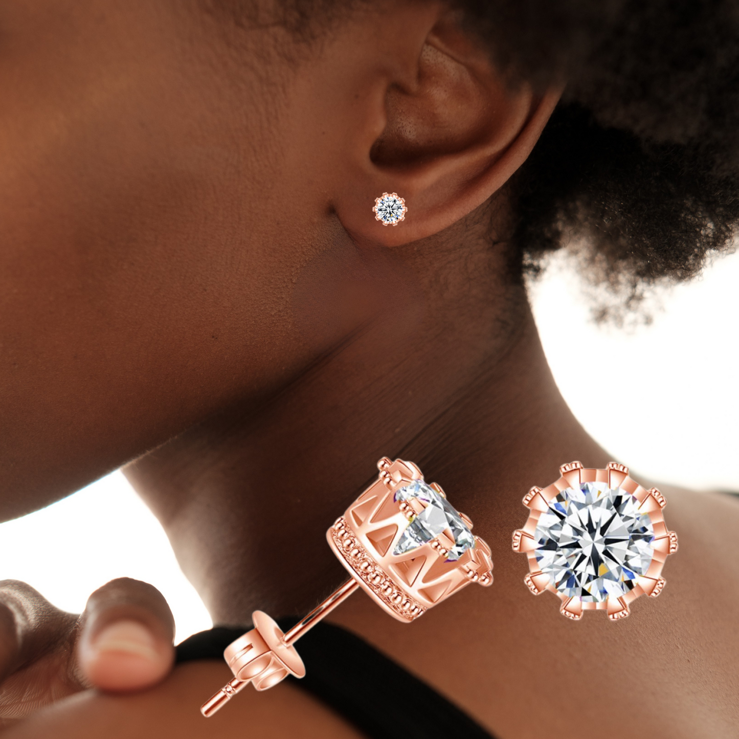 Rosegold Crown Design Crystal Stud Earrings