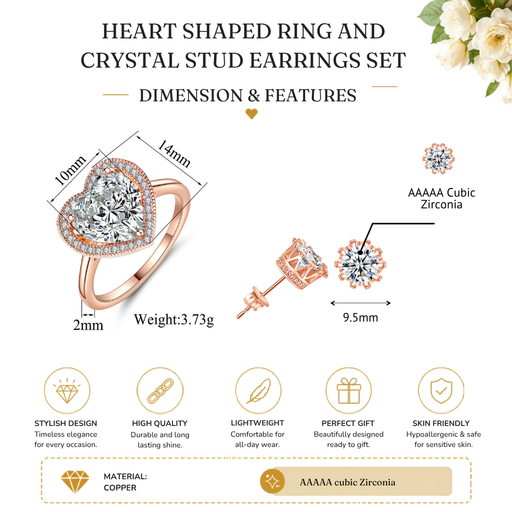 Rose Gold Heart Cubic Zirconia Crystals Halo Ring and Earring Set