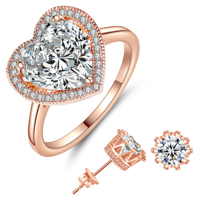 Rose Gold Heart Cubic Zirconia Crystals Halo Ring and Earring Set
