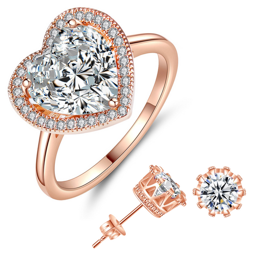 Rose Gold Heart Cubic Zirconia Crystals Halo Ring and Earring Set