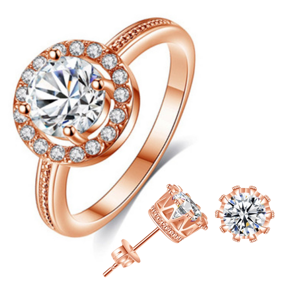 Rose Gold Round Crystals Halo Ring and Stud Earrings Set