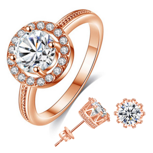 Rose Gold Round Crystals Halo Ring and Stud Earrings Set