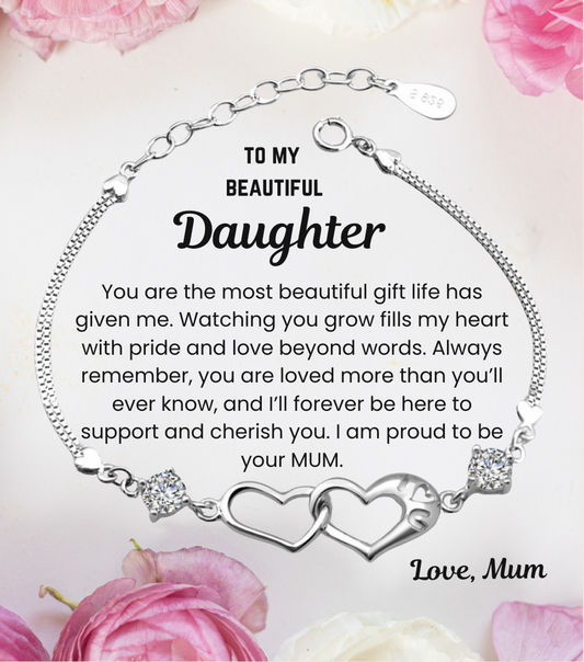 To My Daughter Double Heart Bracelet with Personalised Message