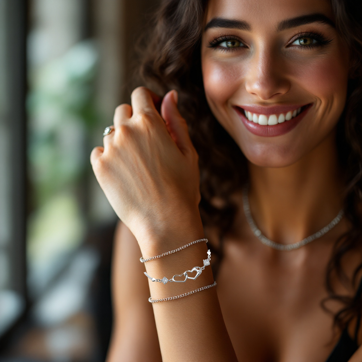 Stunning Silver Linked Heart Crystal Bracelet